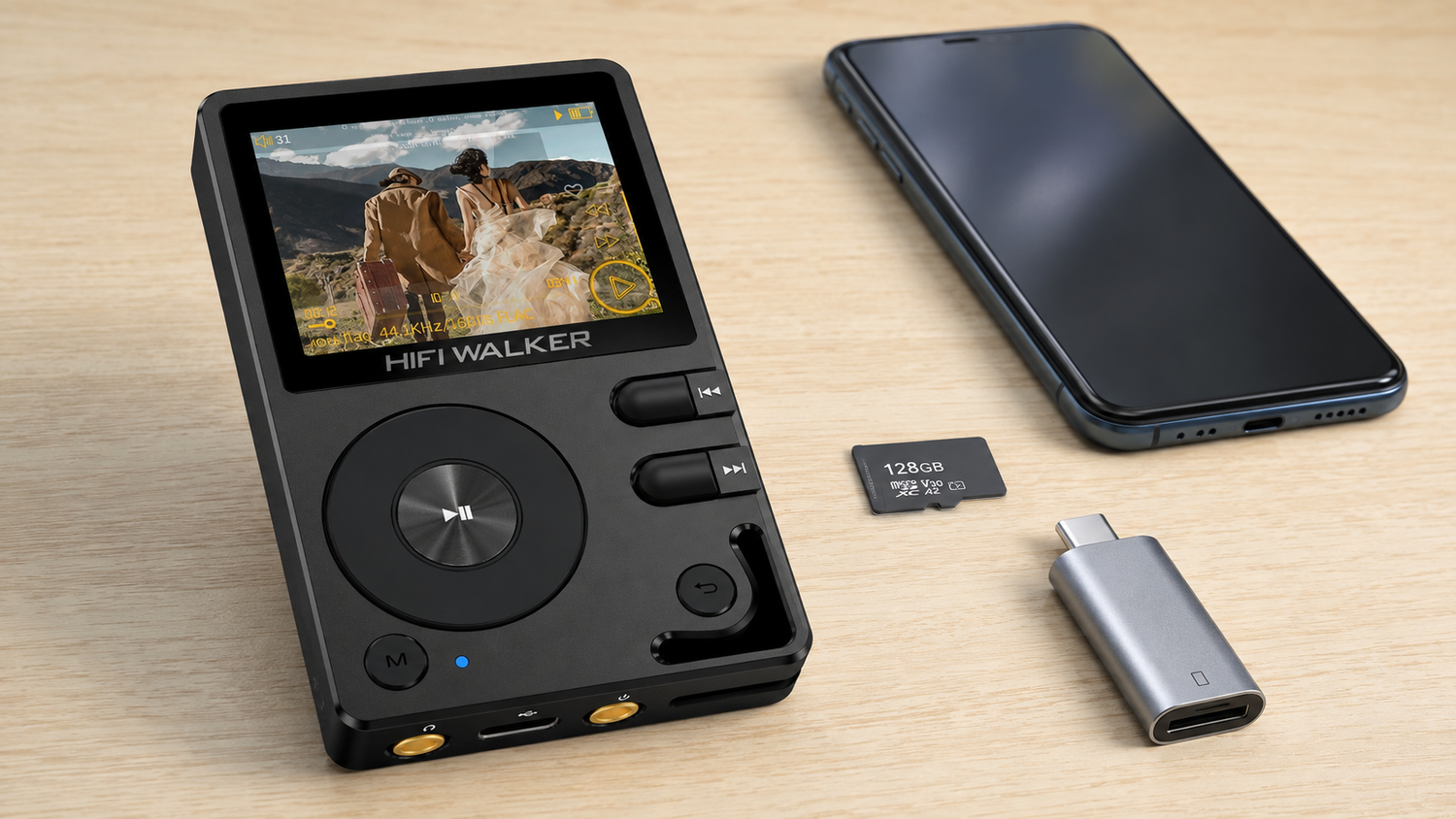 HIFI WALKER H2 music player with a smartphone, microSD card and USB-C card reader on a wooden table.