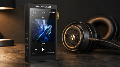 HIFI WALKER H20 Ultra music player with a gold side dial beside over-ear headphones on a listening desk.