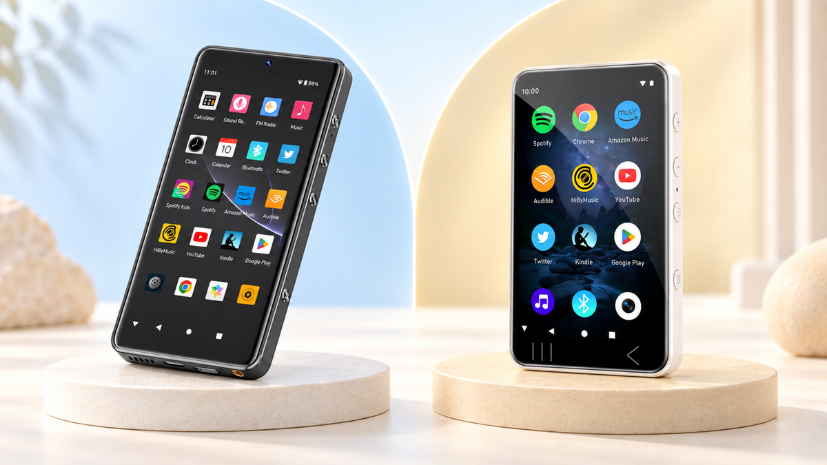 HIFI WALKER G7 Pro and G7 Android music players compared on a bright display