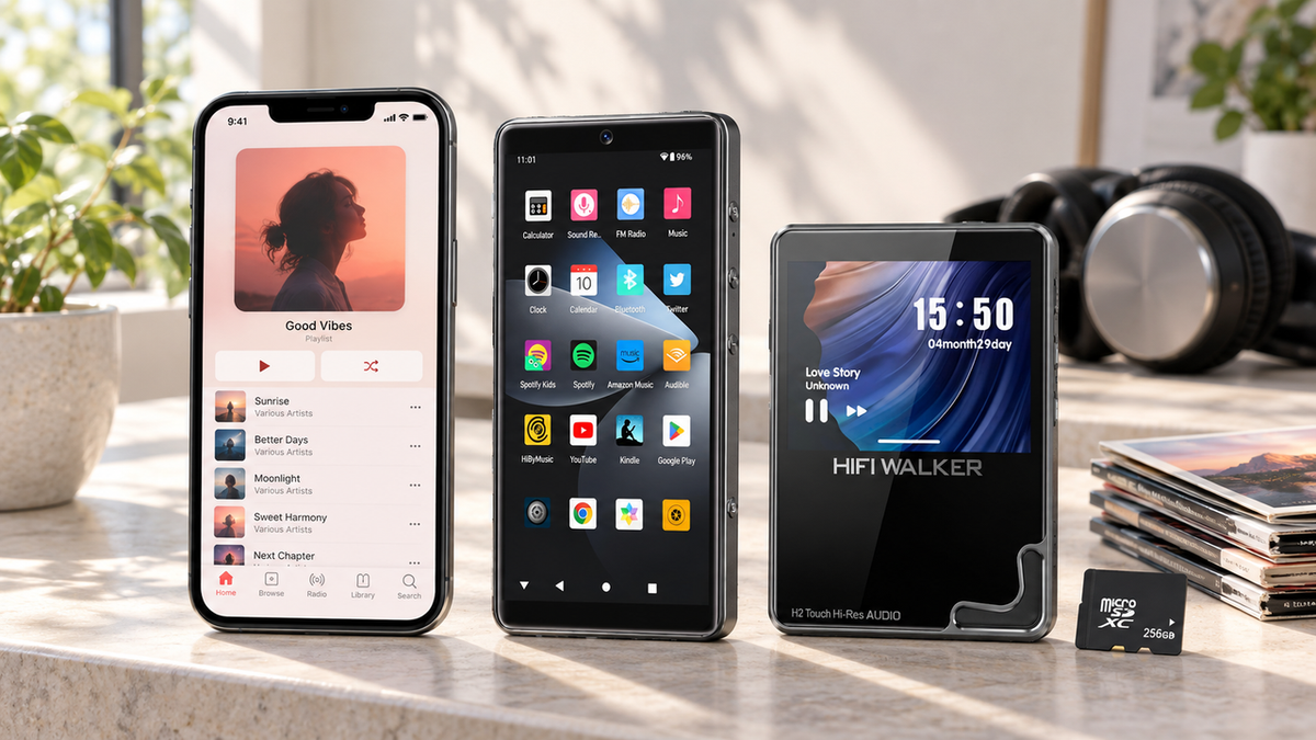 iPhone, Android music player and HIFI WALKER local-file player for three Apple Music listening paths