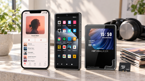 iPhone, Android music player and HIFI WALKER local-file player for three Apple Music listening paths