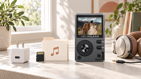HIFI WALKER H2 with charger, microSD card, music files and headphones for first-time setup