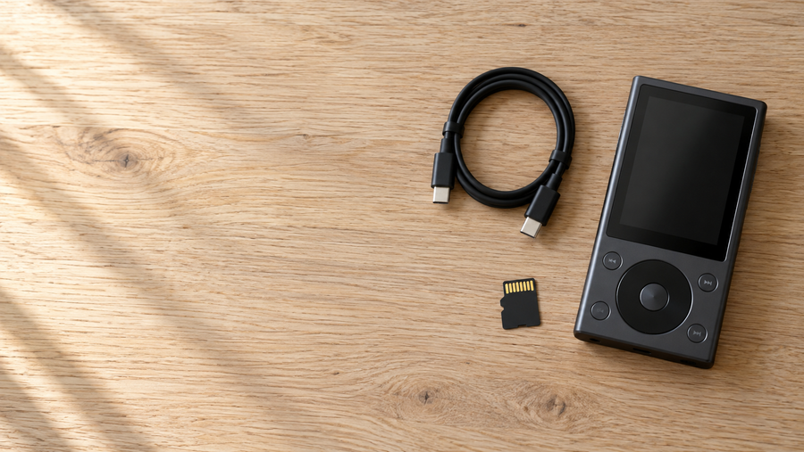 Compact MP3 player, USB-C cable and microSD card arranged on a light wooden desk