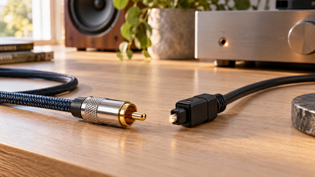 Coaxial SPDIF and optical TOSLINK cable connectors on a bright home audio desk