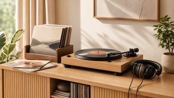 Bright listening room with a turntable, vinyl records, and headphones