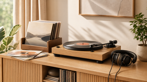 Bright listening room with a turntable, vinyl records, and headphones