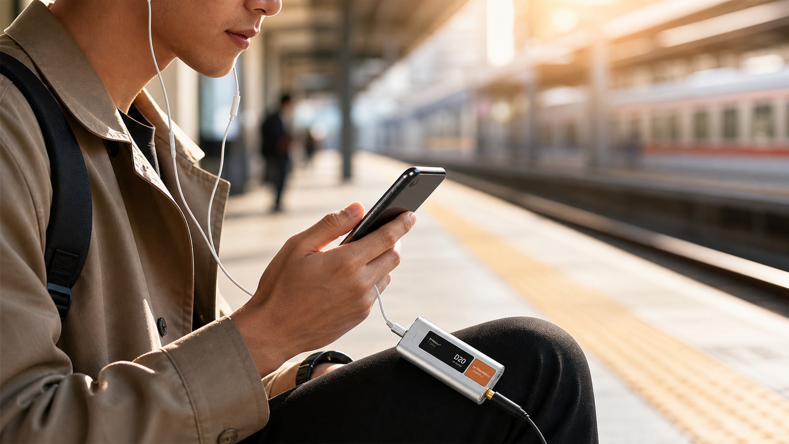 HIFI WALKER D20 USB DAC dongle used with a smartphone during a commute