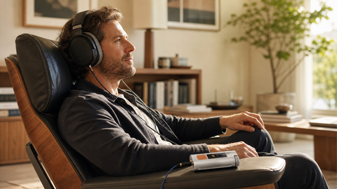 Home listener using HIFI WALKER D20 USB-C DAC Amp with over-ear headphones