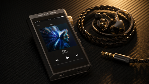 HIFI WALKER H20 Ultra on a dark carbon-fiber studio surface with a balanced cable