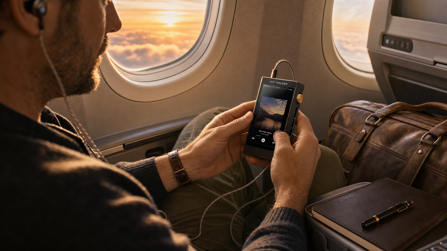 Traveler using HIFI WALKER H20 Ultra during a golden-hour long-haul flight