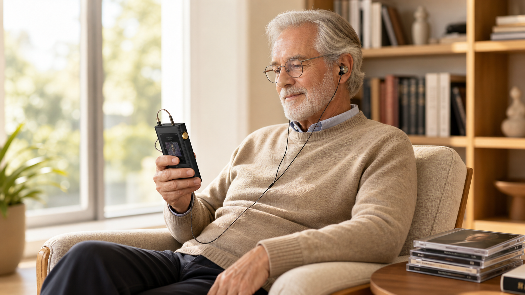 Senior home listener enjoying the HIFI WALKER H20 Ultra in a bright living room