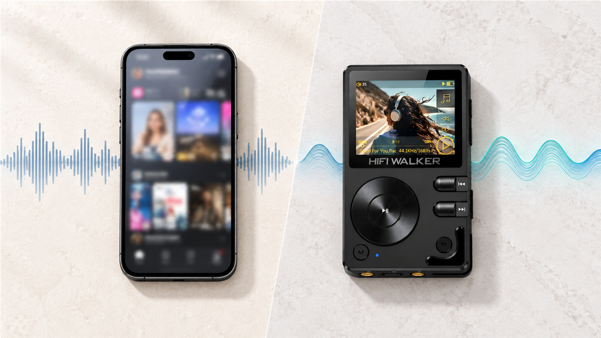 HIFI WALKER H2 and smartphone audio compared on a bright studio background