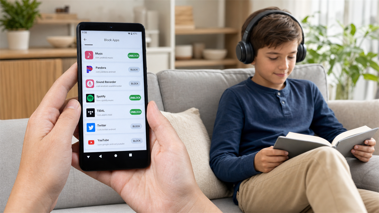 Parent setting app access on a HIFI WALKER G7 Pro while a child listens to music and reads