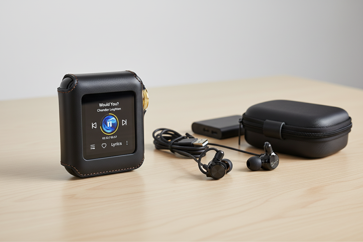 HIFI WALKER H2 Mini with wired earphones and a travel case for offline music listening.
