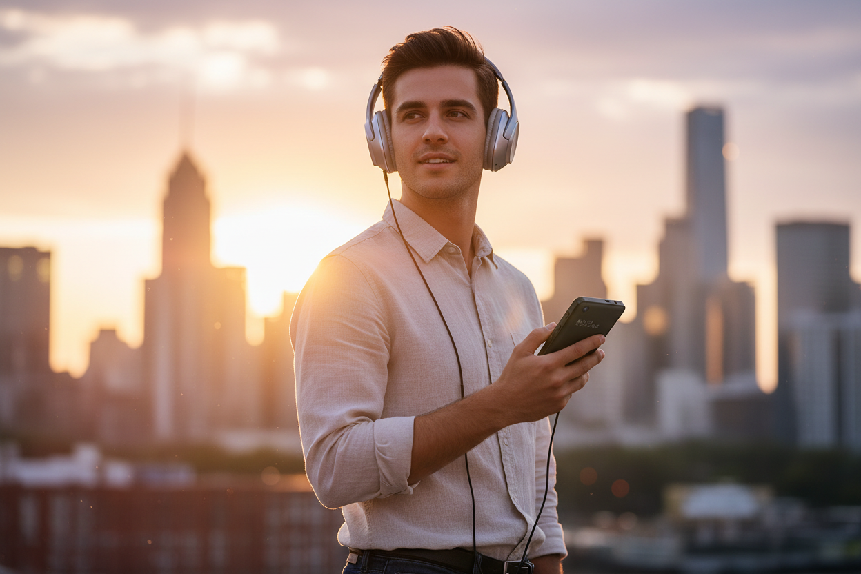 Enjoying music with portable hi-res player outdoors