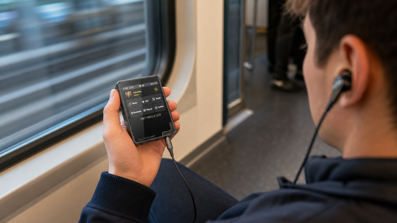 Commuter seated on a subway holds HIFI WALKER H2 Touch in one hand with the lit screen facing the person and partly visible to camera from over the shoulder, showing…