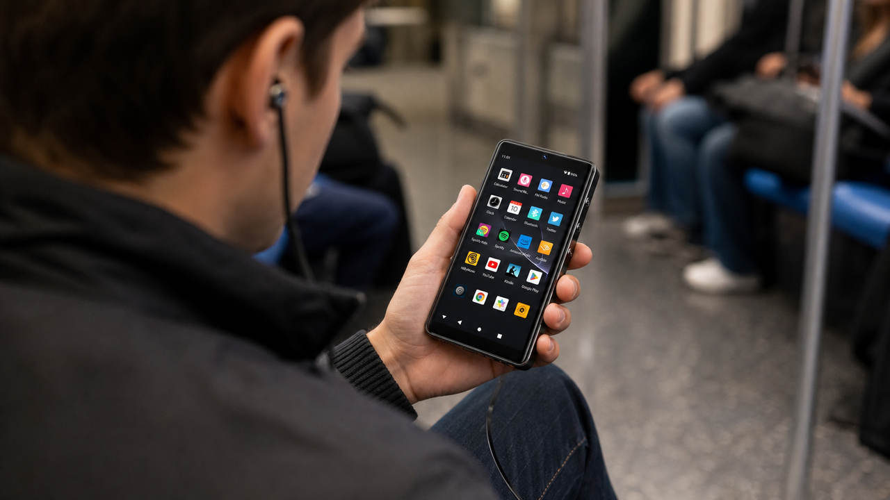 Commuter holds HIFI WALKER G7 Pro naturally with the screen facing the user, camera over the shoulder so the device front is still visible, subway background softly blurred
