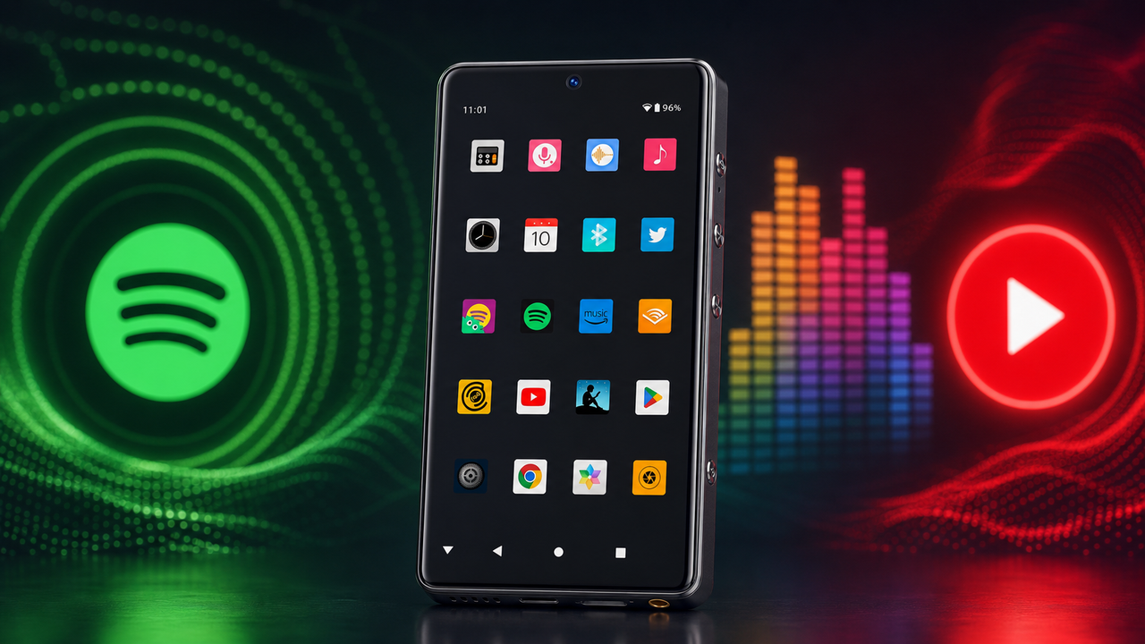 HIFI WALKER G7 Pro centered with three abstract color zones around it: green circular wave for Spotify, multicolor equalizer bars for Deezer, red play-triangle motif for…
