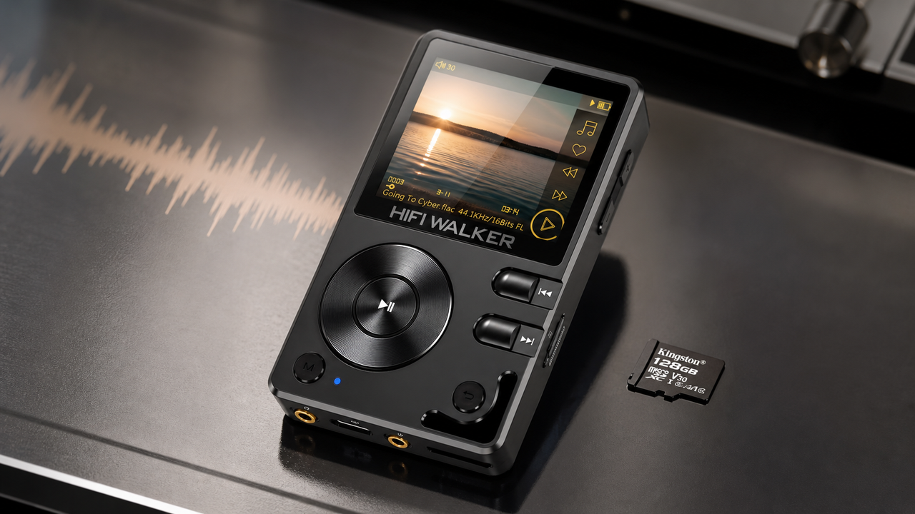 Clean close product scene of a HIFI WALKER H2 playing local lossless music from a microSD card placed nearby, no cable attached, with a subtle high-resolution waveform…
