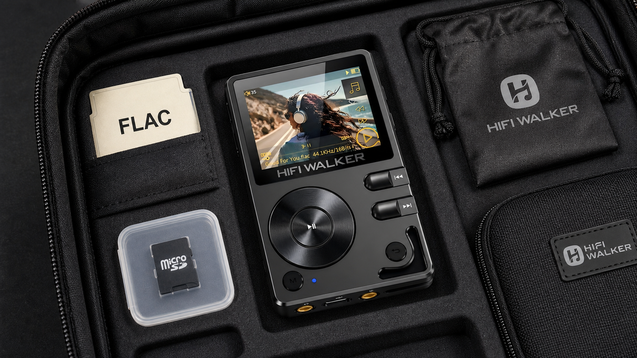 HIFI WALKER music player with a FLAC folder and microSD card in a travel organizer.