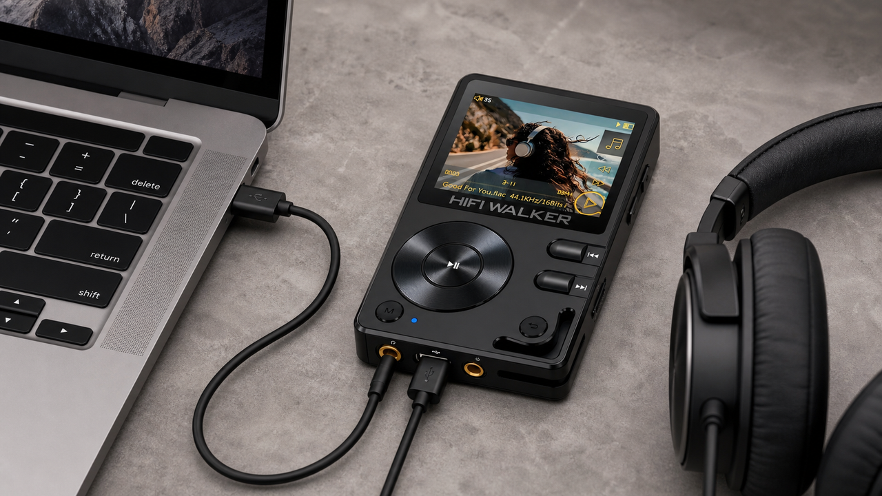 Laptop on the left connects by one continuous USB cable to the bottom-center USB port of a HIFI WALKER H2 lying flat, and wired headphones connect to the HIFI WALKER H2…