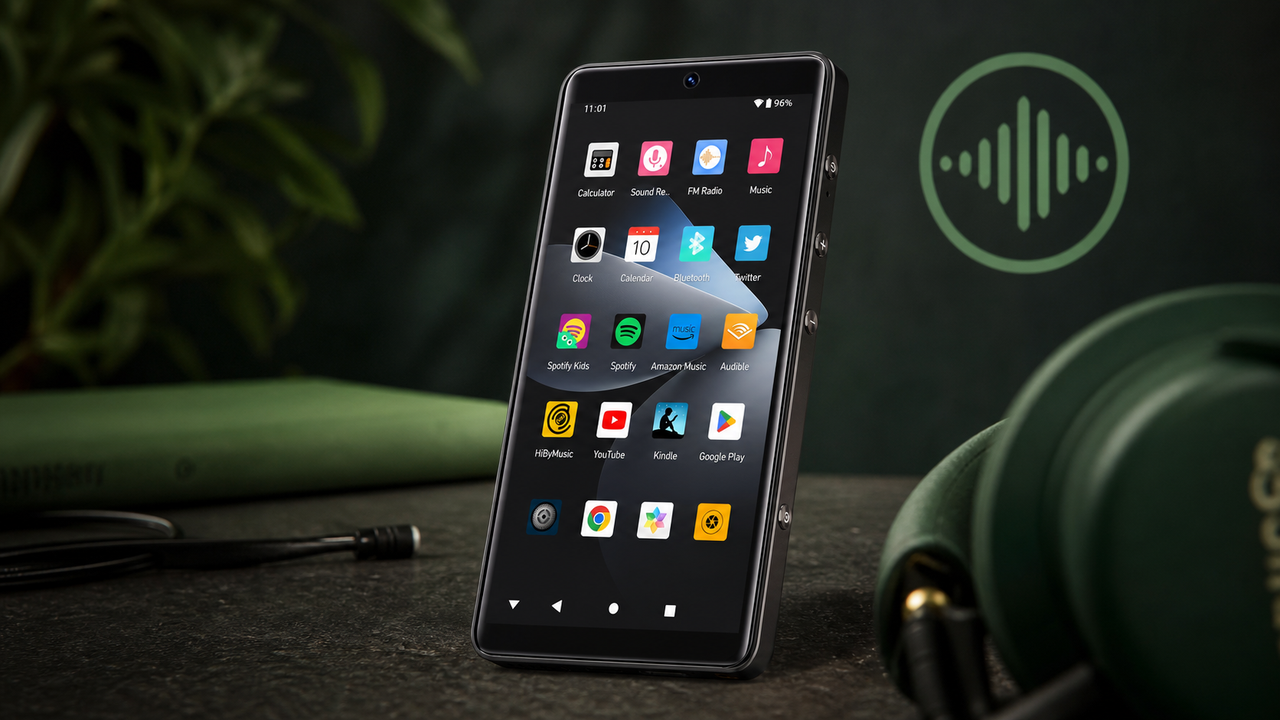 HIFI WALKER G7 Pro as the hero Android music player with a restrained Spotify-green listening environment cue and one simple circular music-wave icon in the background, not…