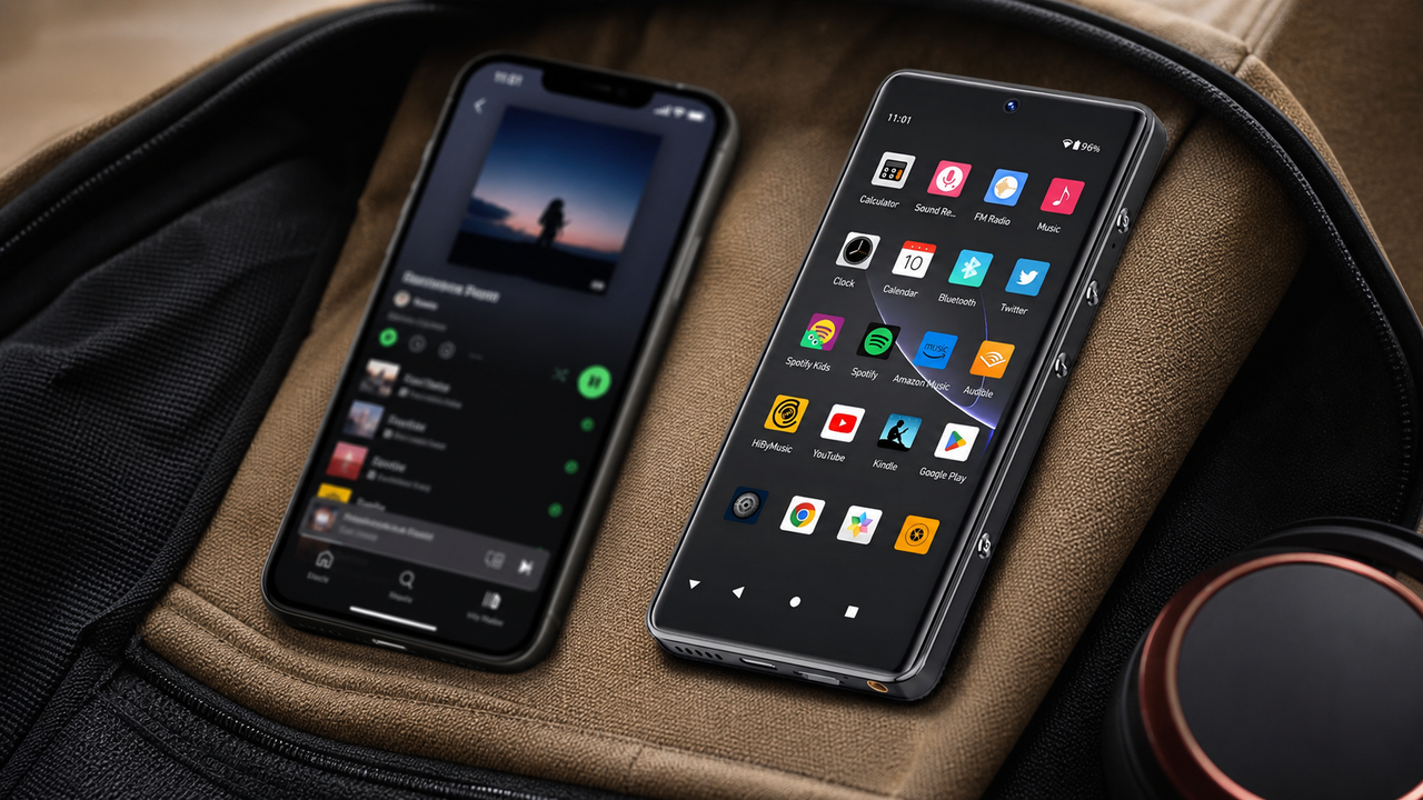 Portable music player in real-world choice scene: a phone streaming music on one side and a dedicated Android music player on the other side, both placed in a commuter bag…