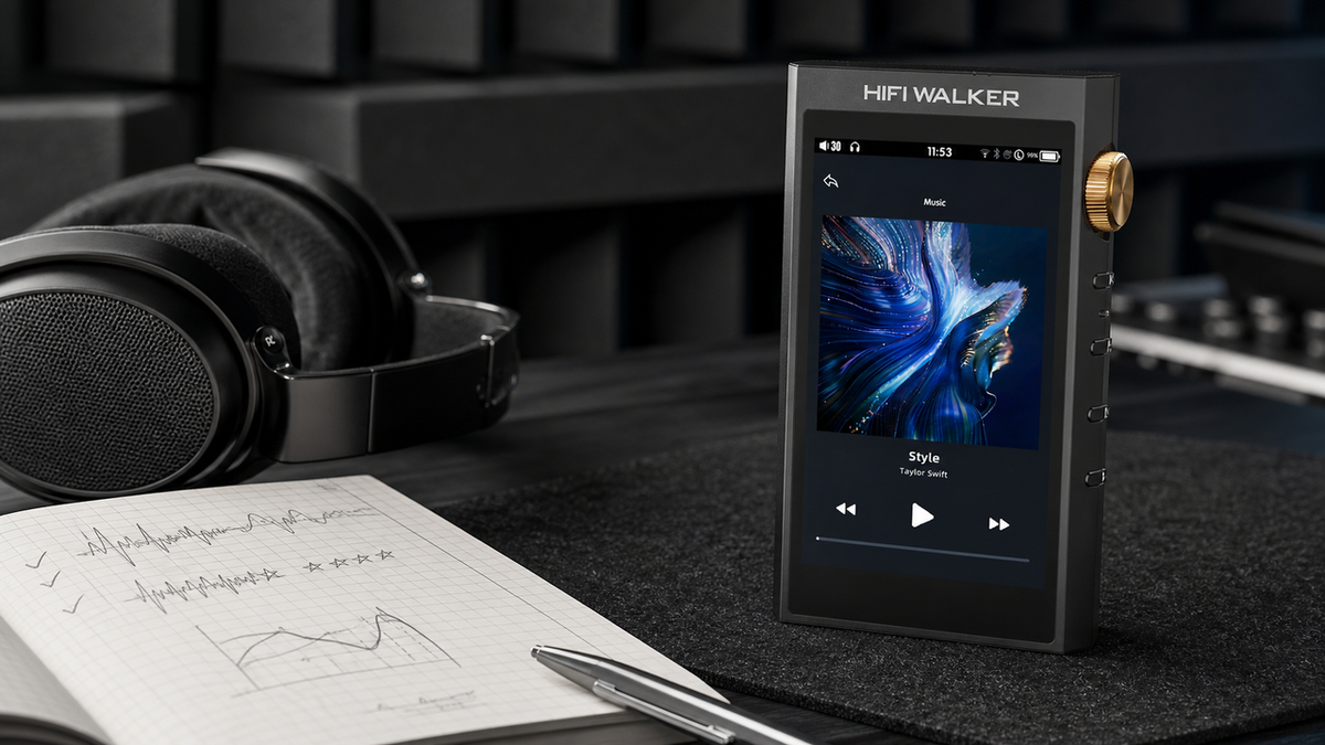 HIFI WALKER H20 Ultra with over-ear headphones and listening notes on a desk.