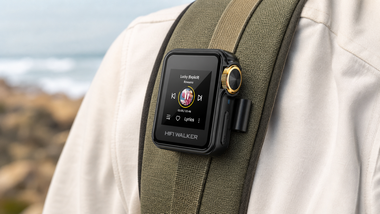 HIFI WALKER H2 Mini clipped flat and securely to a backpack shoulder strap, photographed from a stable three-quarter front angle so the rectangular body, clip and top edge…
