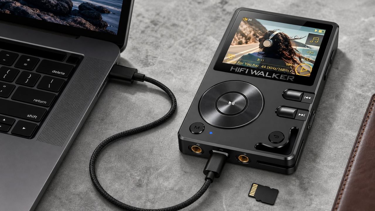 Laptop connects by one continuous USB cable to the bottom-center USB port of a HIFI WALKER H2 lying flat