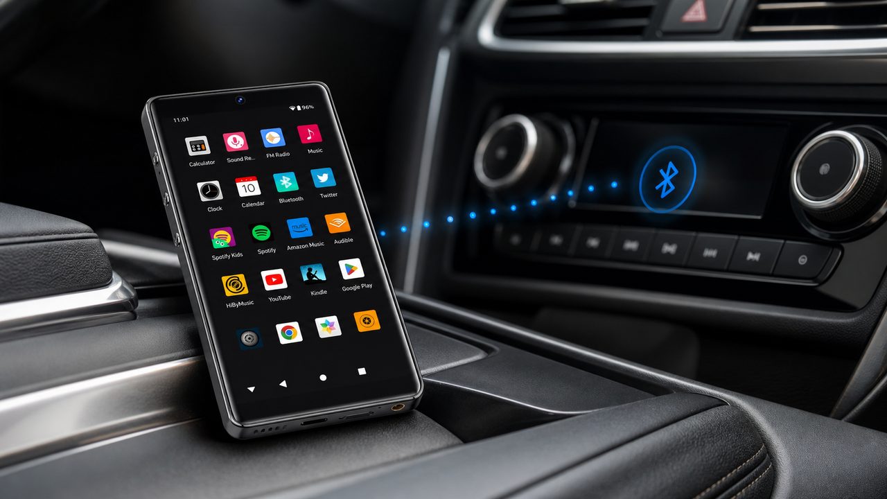 HIFI WALKER G7 Pro in a car center console area with a subtle blue Bluetooth connection cue toward the dashboard audio system