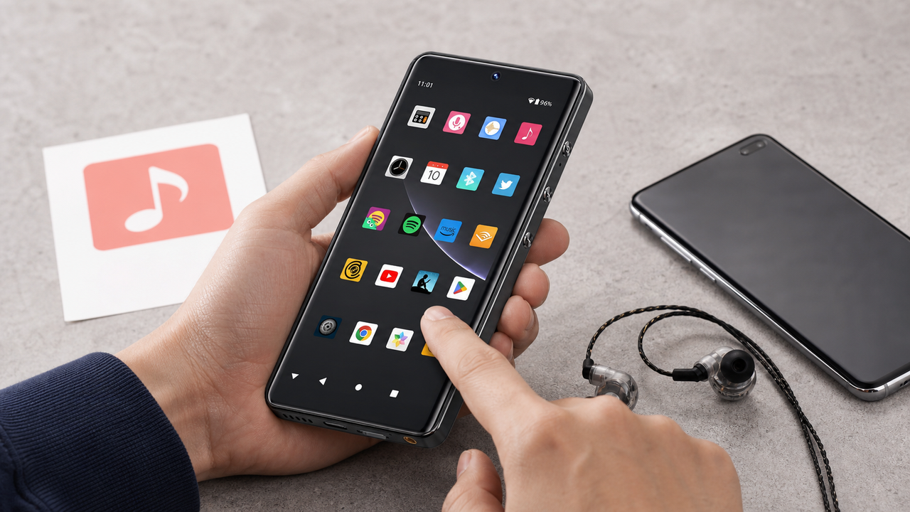Compatibility test desk with HIFI WALKER G7 Pro, an Android phone, and a simple coral music-note icon card, with a hand checking the player as the tested device