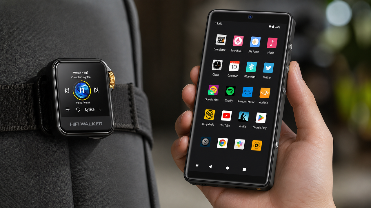 Balanced compact-vs-app-friendly showdown: HIFI WALKER H2 Mini clipped to a strap on the left and HIFI WALKER G7 Pro in hand on the right, both front-facing and undistorted
