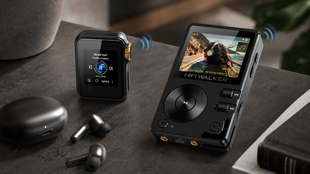 Bluetooth listening scene with HIFI WALKER H2 Mini and HIFI WALKER H2 arranged as real wireless-capable music players, with subtle signal arcs and wireless earbuds as context