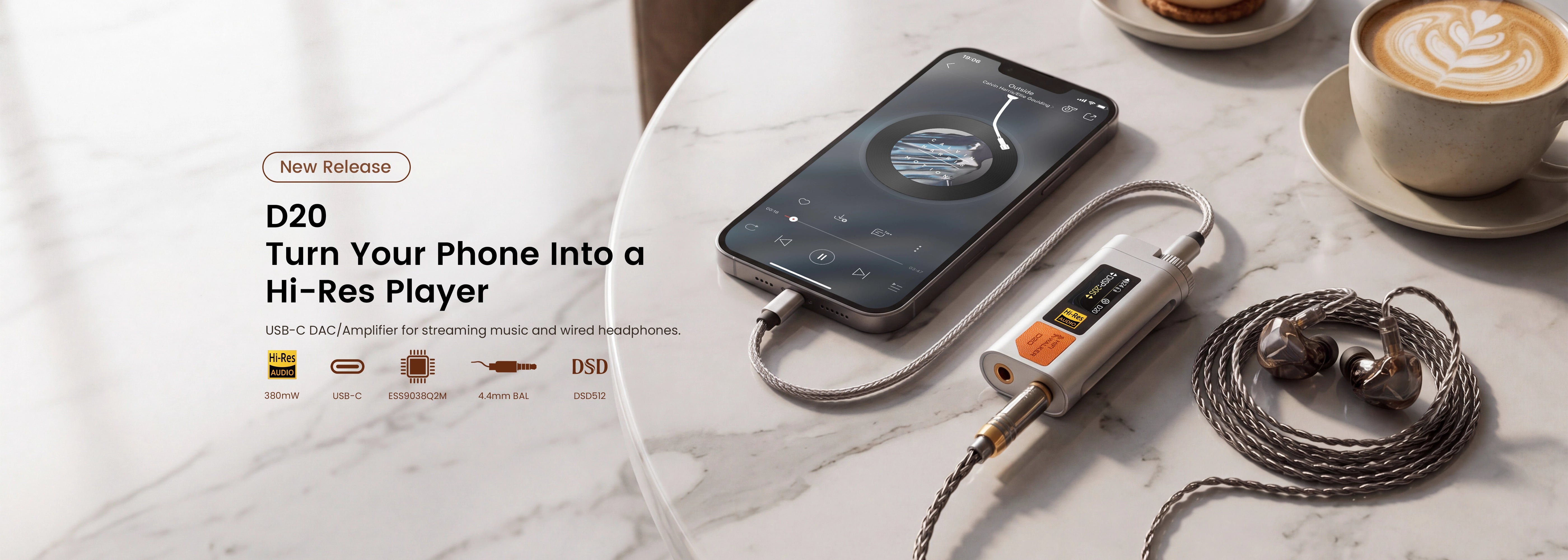 HIFI WALKER D20 USB-C DAC/Amp dongle homepage banner for phone and laptop Hi-Res wired headphone audio
