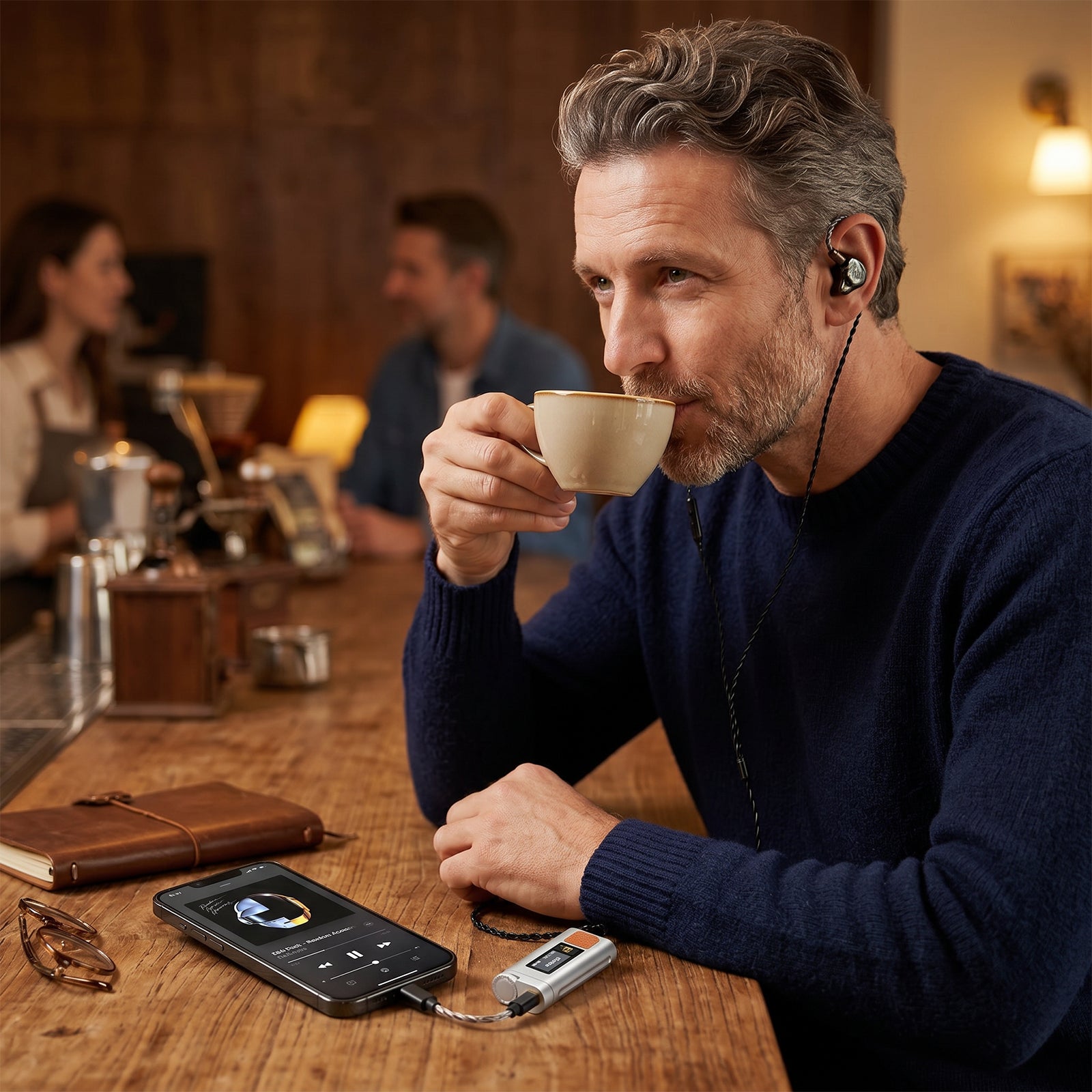 HIFI WALKER D20 connecté à un smartphone et à des écouteurs filaires dans un café