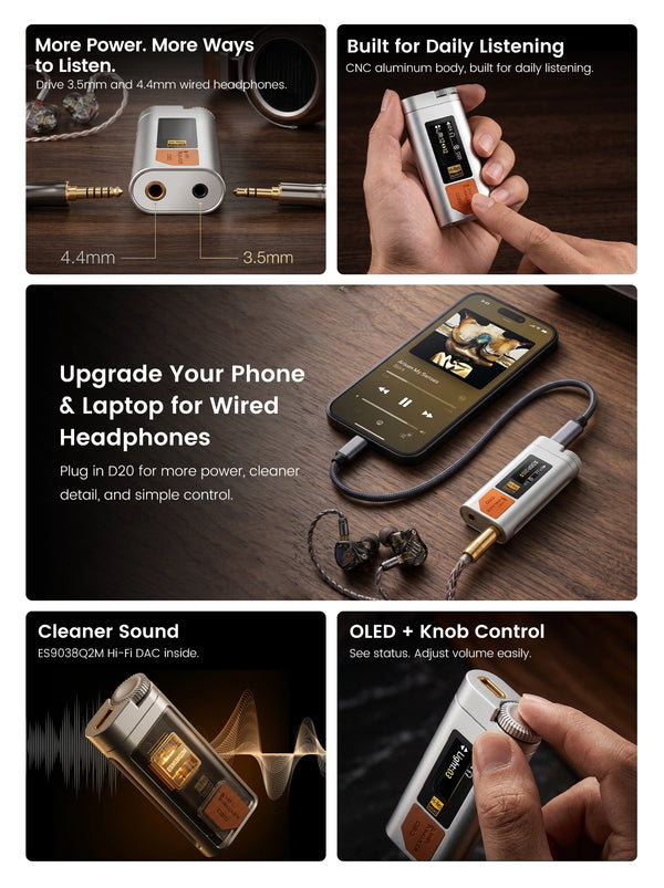 HIFI WALKER D20 mobile core benefits overview with power clean sound dual outputs and knob control