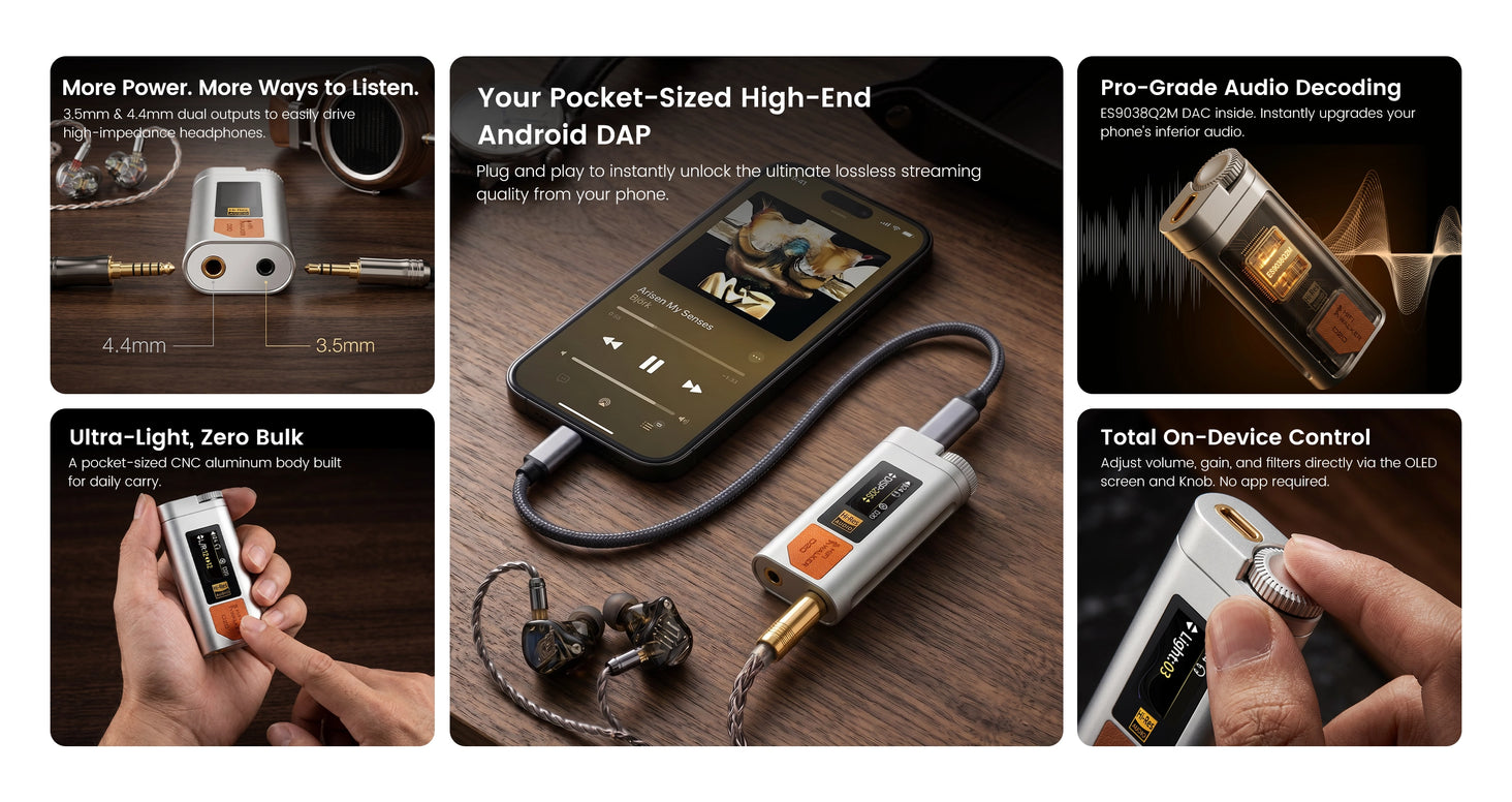 Vue d’ensemble du dongle DAC/ampli USB-C HIFI WALKER D20 avec ES9038Q2M, sortie symétrique 4,4 mm et DSD512
