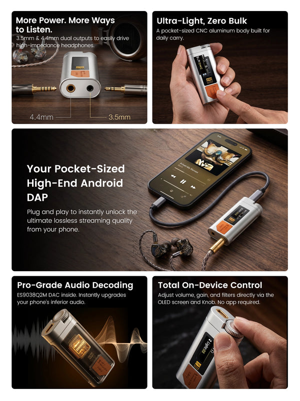 Vue mobile du dongle DAC/ampli USB-C HIFI WALKER D20 pour l’écoute Hi-Res avec un casque filaire