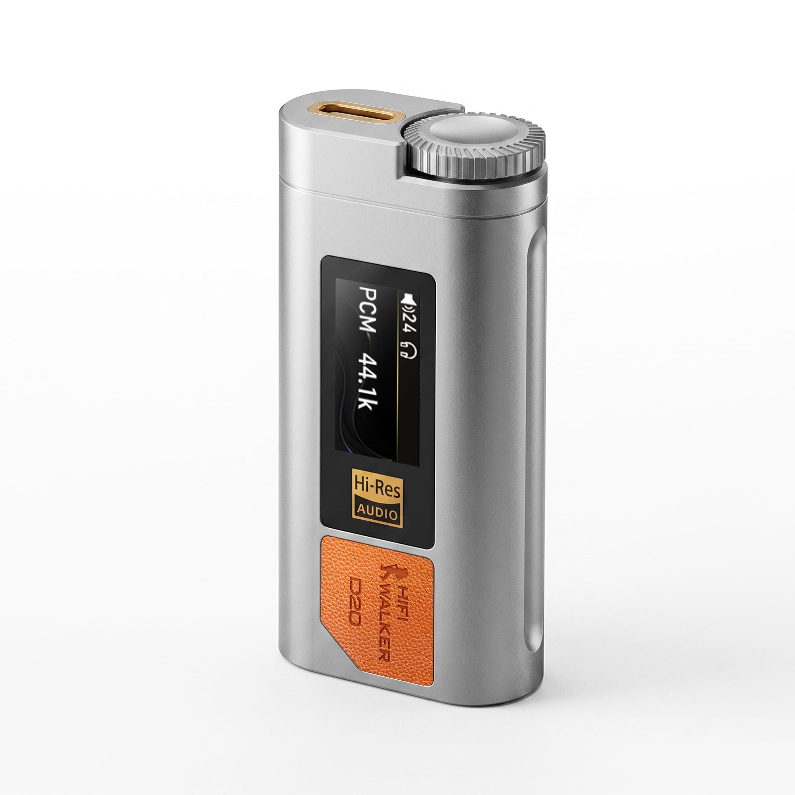 HIFI WALKER D20 USB-C DAC/Amp front view with OLED display and volume knob