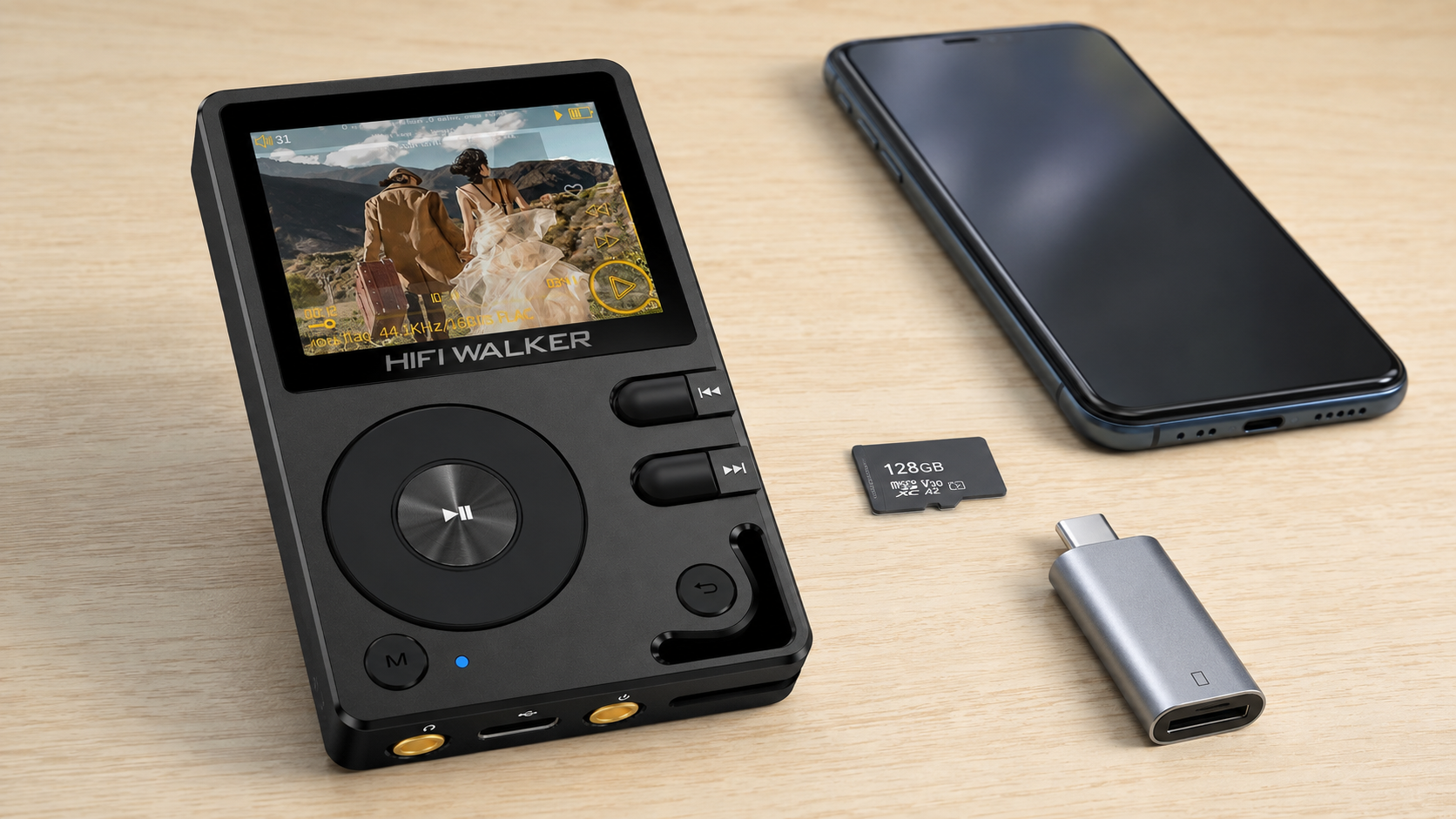 HIFI WALKER H2 music player with a smartphone, microSD card and USB-C card reader on a wooden table.