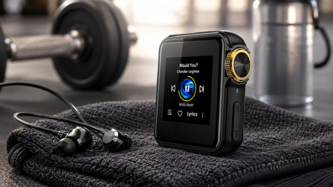 HIFI WALKER H2 Mini with a gold side dial and wired earphones on a gym towel, with a dumbbell in the background.