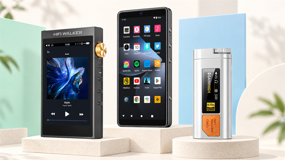 HIFI WALKER H20 Ultra, G7 Pro and D20 portable audio product lineup on a bright studio display