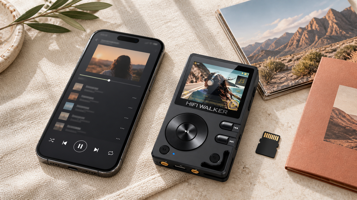 App-controlled offline downloads compared with an owned local music library on HIFI WALKER H2