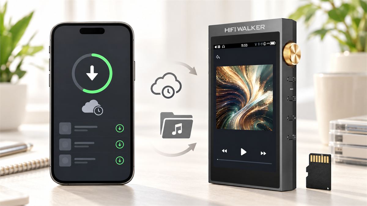 Phone offline downloads compared with HIFI WALKER H20 Ultra local-file playback and microSD storage