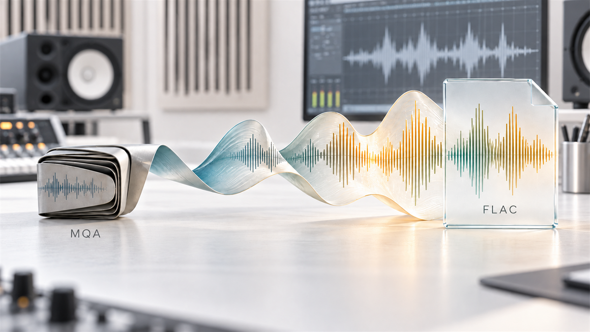 MQA folded audio format transitioning to FLAC lossless audio in a mastering studio