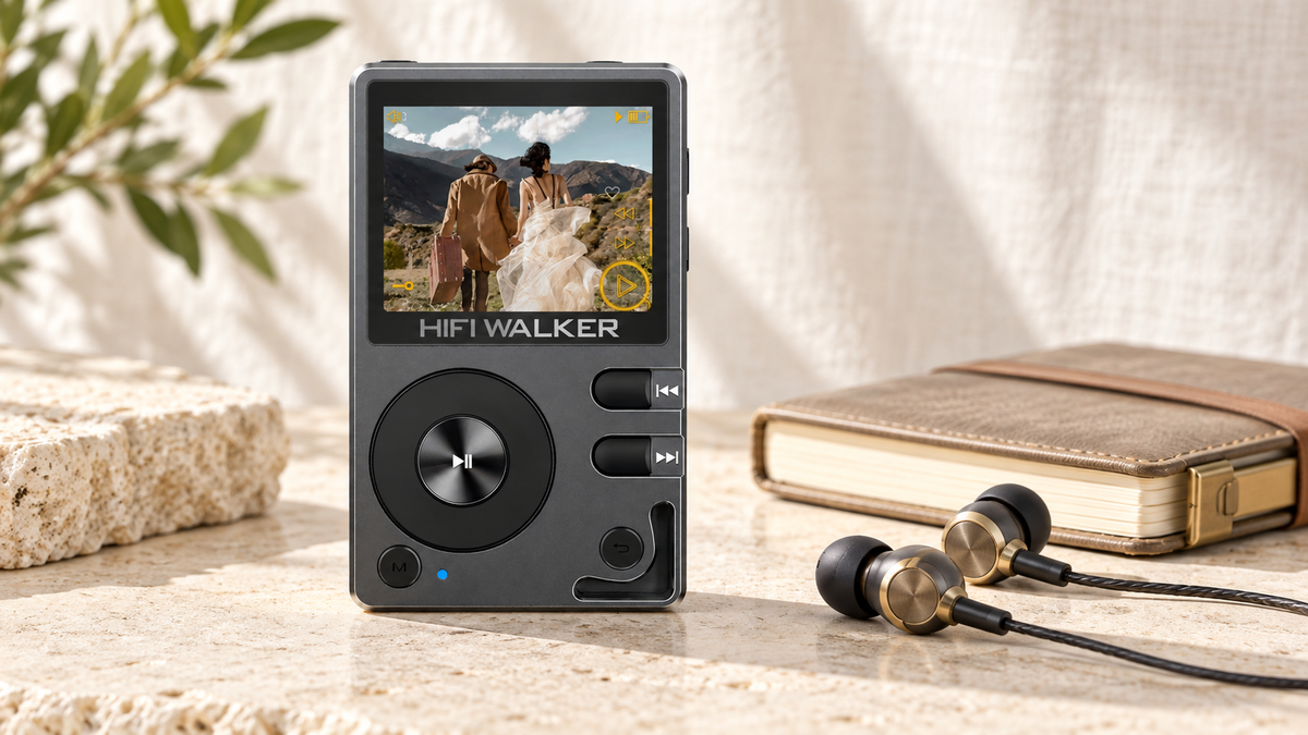 HIFI WALKER H2 music player in a bright listening-day setup with wired earphones