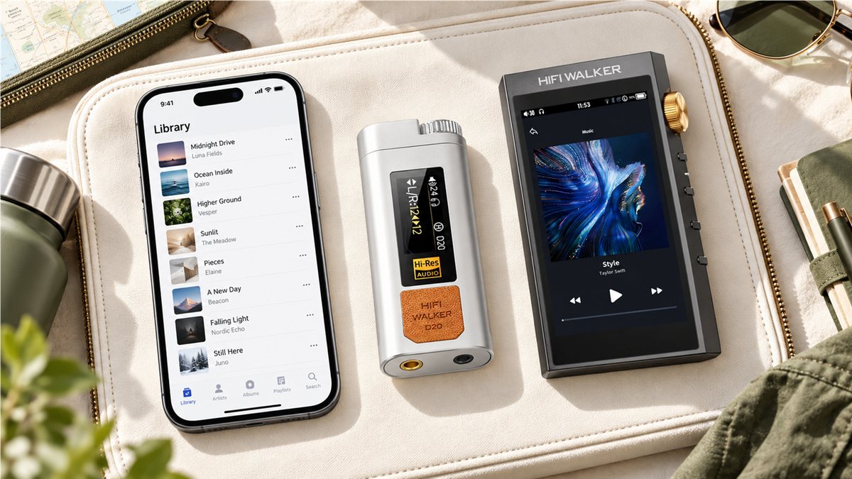 iPhone, HIFI WALKER D20 DAC and H20 Ultra player presented as separate music setup choices on a bright travel organizer