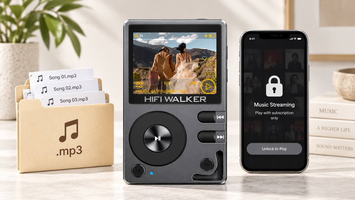 HIFI WALKER H2 beside purchased MP3 files and a separate subscription music app on a phone
