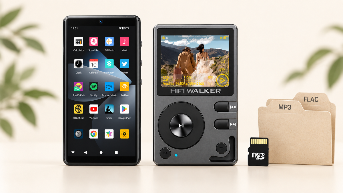 HIFI WALKER G7 Pro for Android apps beside an H2 player with MP3 FLAC folders and microSD storage